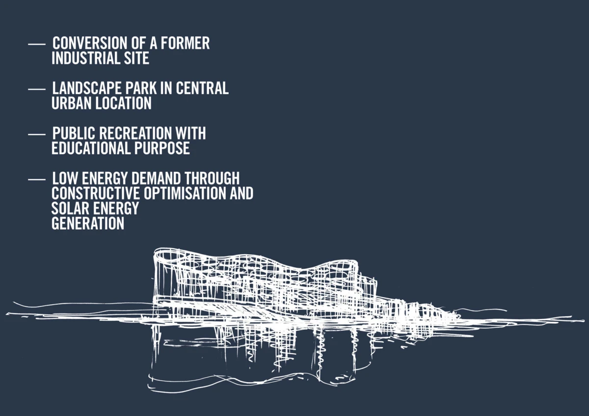 White sketch of a modern building on water with reflection; left-aligned bullet list of urban redevelopment concepts on a dark blue background