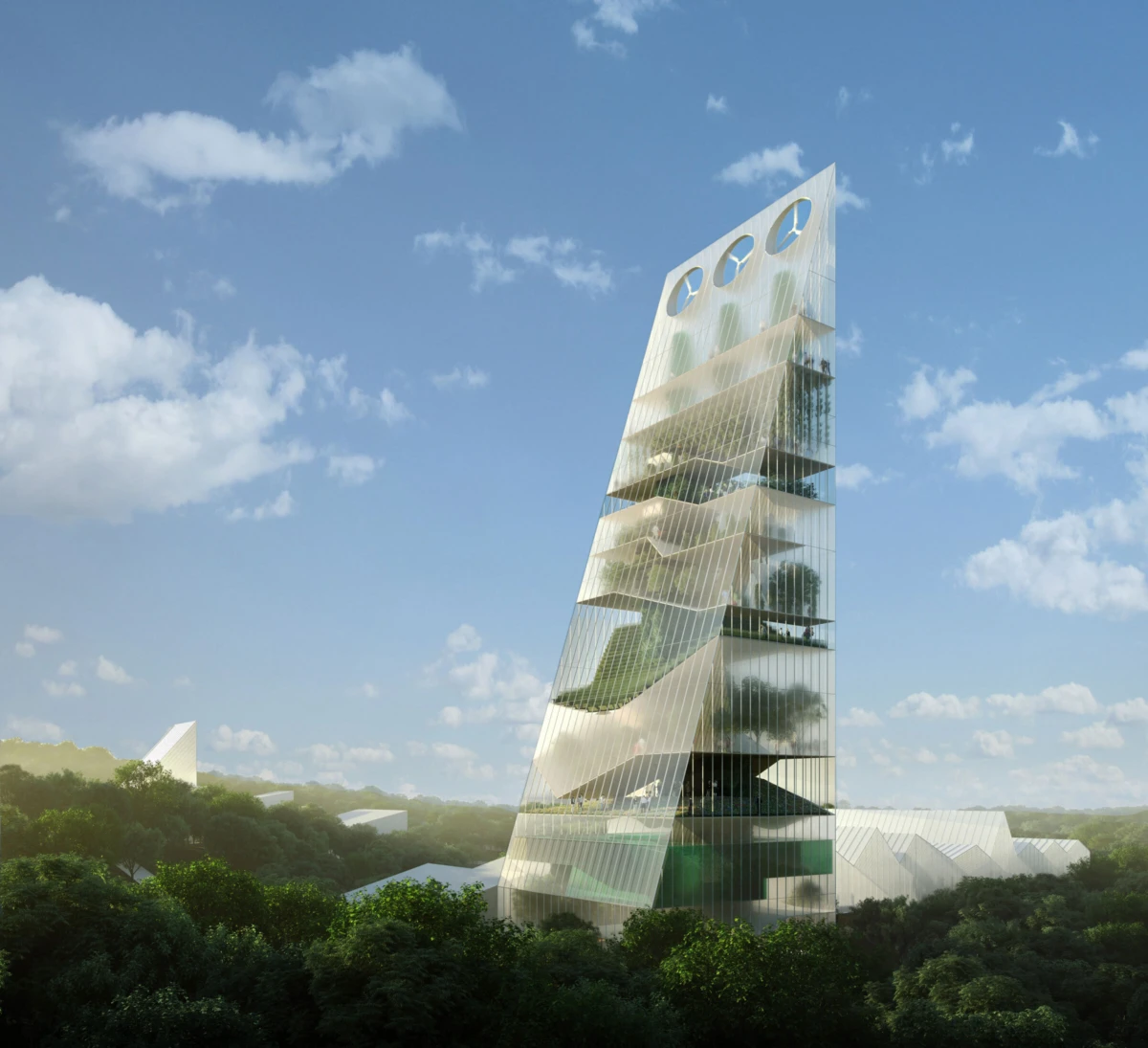 Slender glass tower with three circular openings and tiered terraces rises over a green landscape beneath a blue sky.