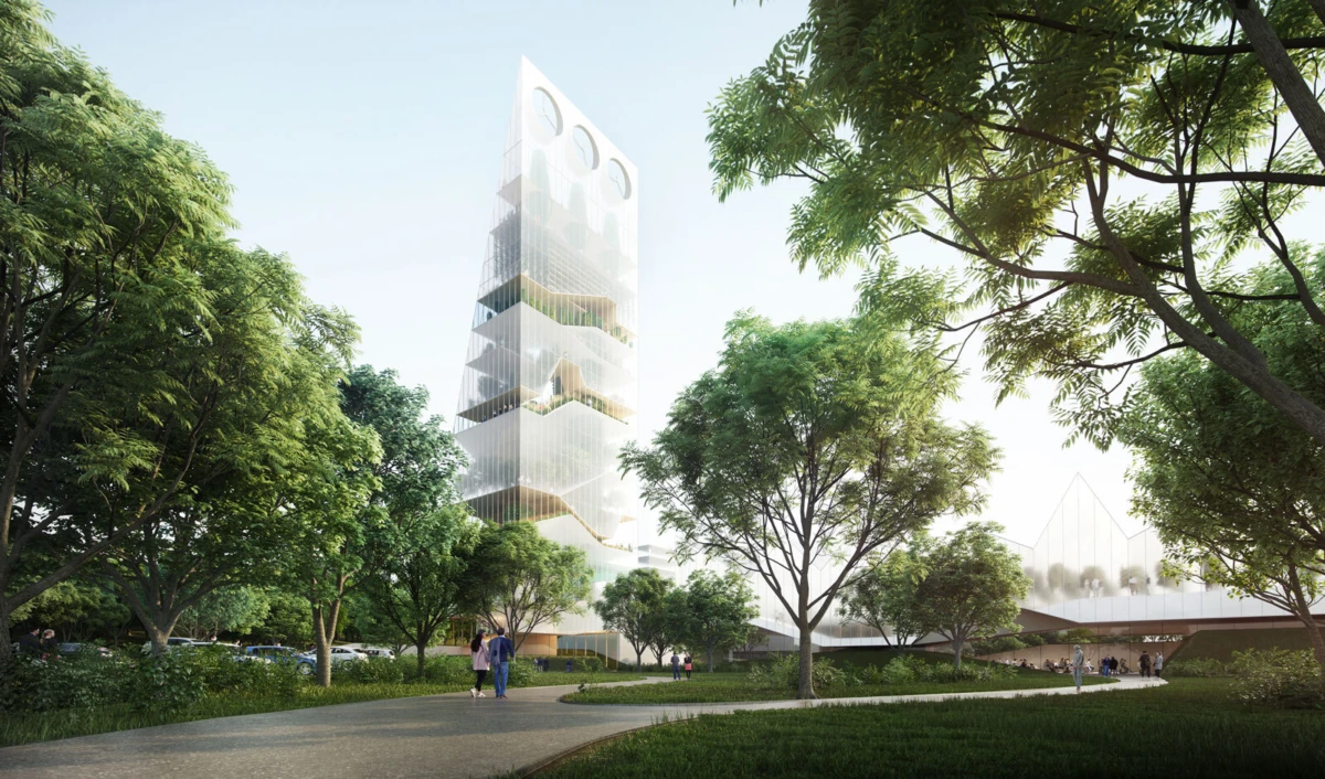 Modern glass tower rising in a green park, with a winding path and pedestrians; surrounding trees and a white futuristic pavilion in the background.