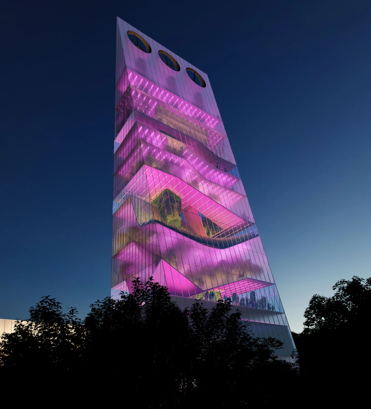 Glass tower glowing pink at dusk, magenta-lit facade, with silhouetted trees in the foreground.