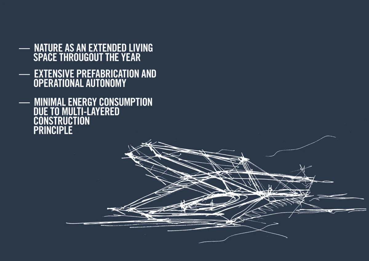 Abstract white wireframe architectural structure on a dark blue background with left-aligned three-line text.