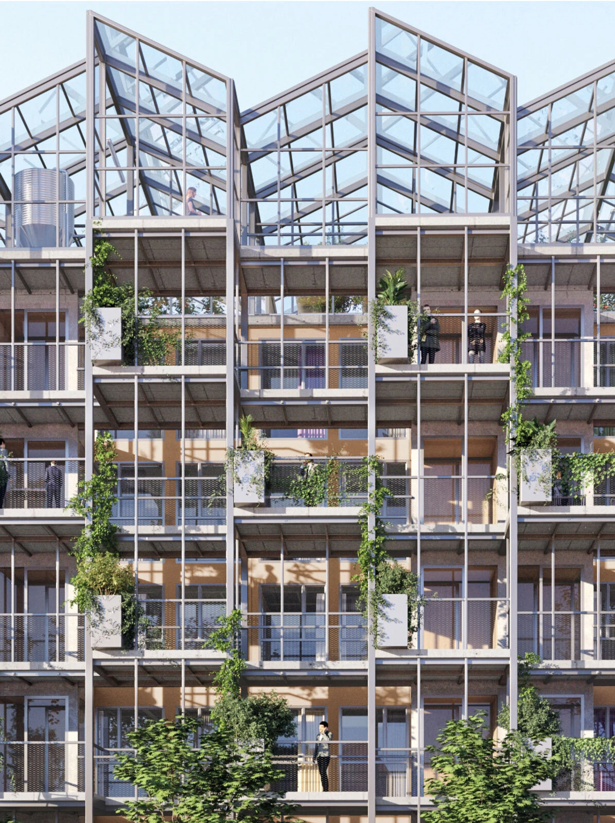 Modern glass-and-steel apartment building with stepped balconies and climbing greenery; residents visible on several levels.