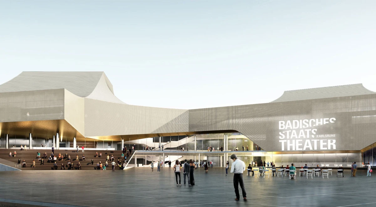 Exterior of Badisches Staatstheater Karlsruhe with steps and plaza, people seated and walking in front of the modern theater.