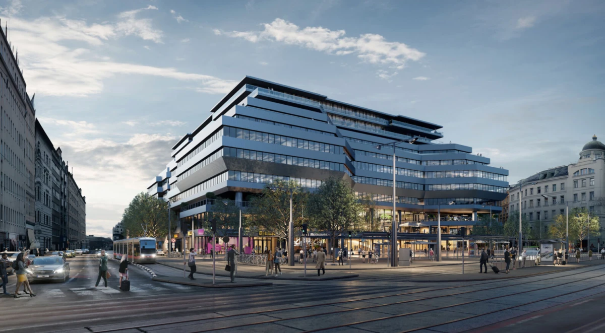 Glass-clad, terraced office building on a busy city street; pedestrians, a tram, and cars in front.