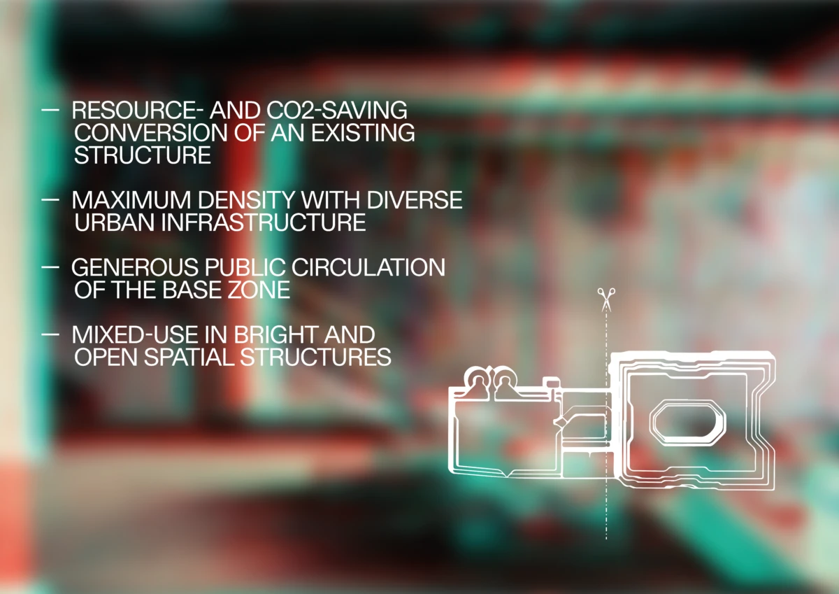 Infographic listing urban design principles on the left with a white schematic diagram over a blurred interior background.