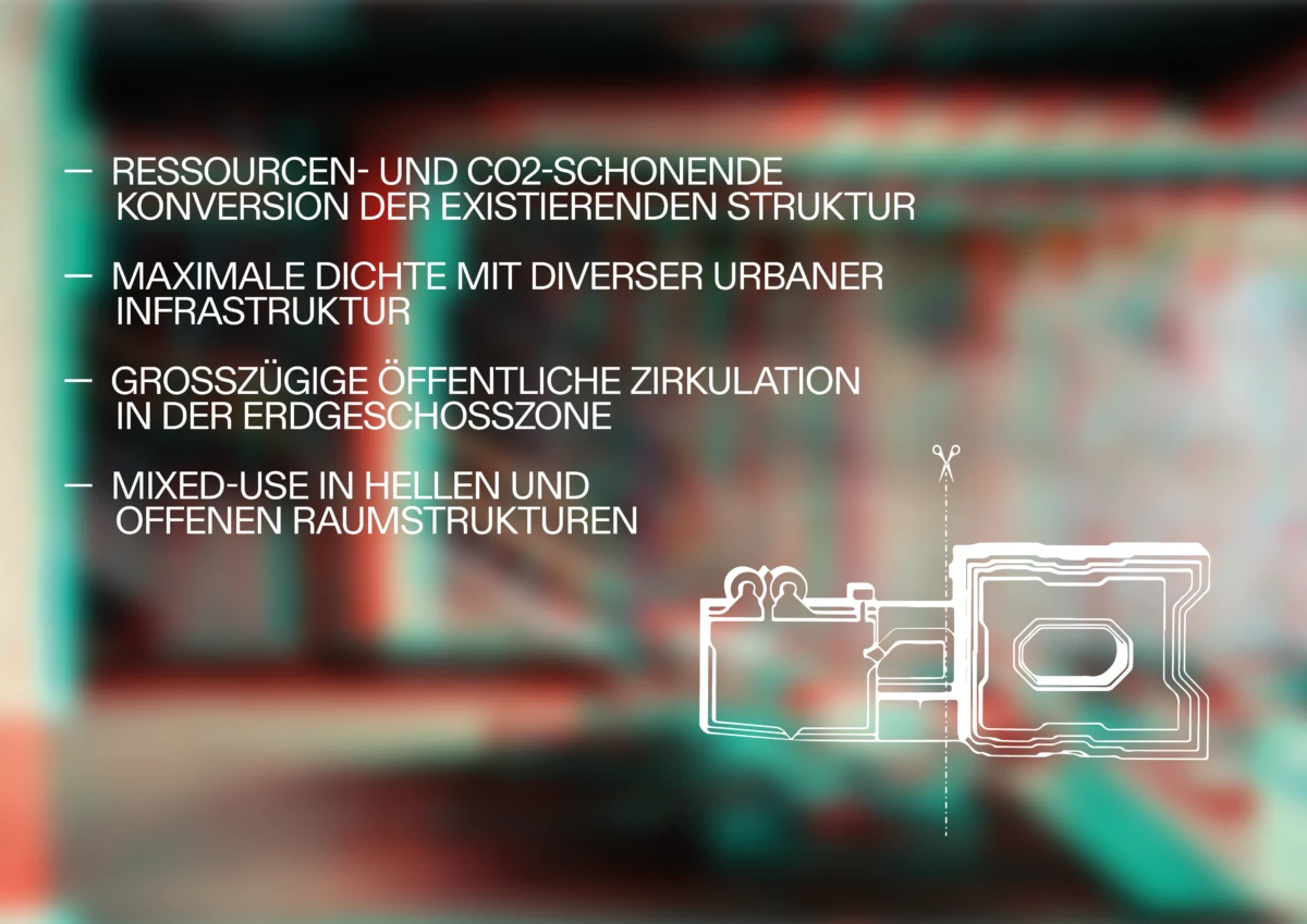 Blurry interior with a white schematic illustration of equipment on the right and a four-item German sustainability bullet list on the left.