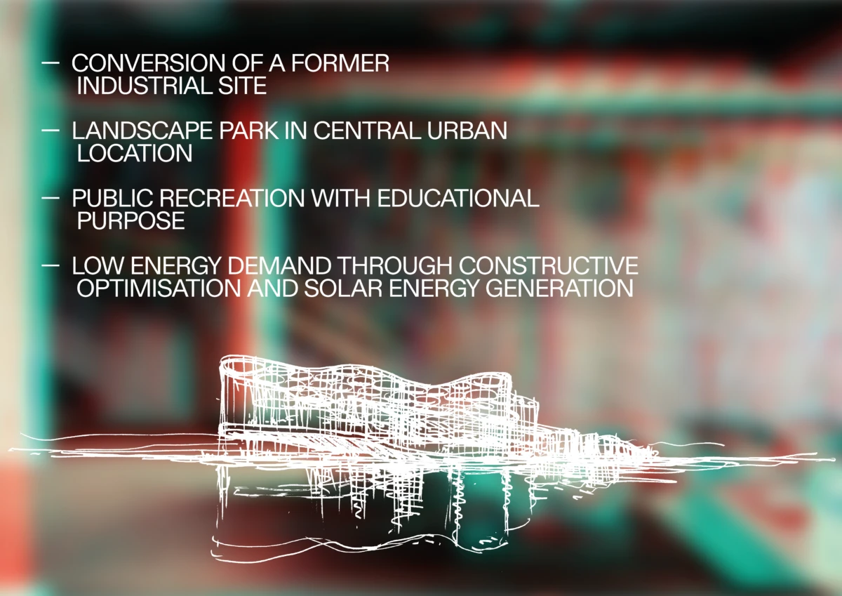 Poster with a white line drawing of a modern building on stilts over water, over a blurred background and bold bullet-point project goals.