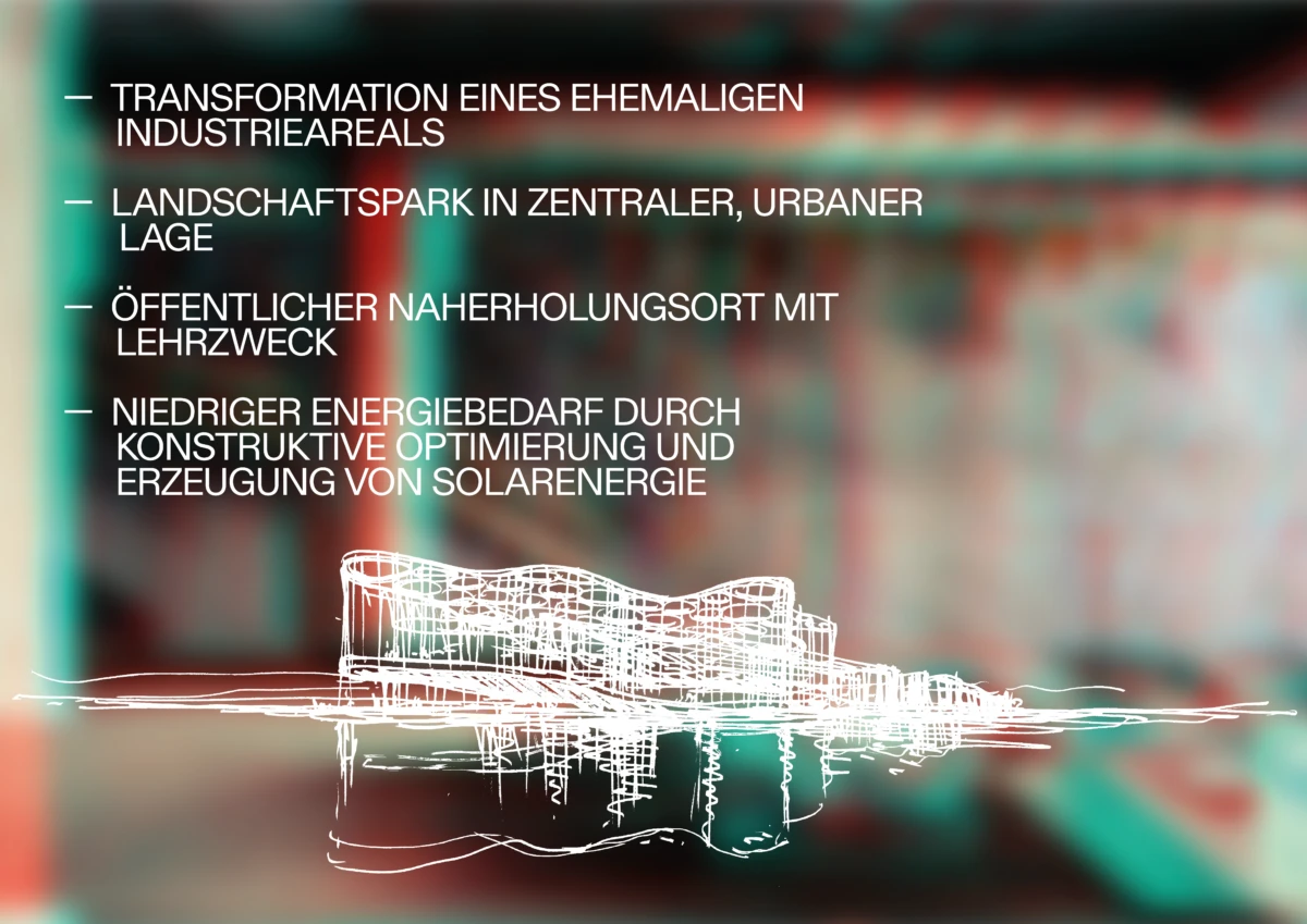 Bulleted German text about transforming an industrial site into a central urban landscape park; white line drawing of a building on stilts over water.