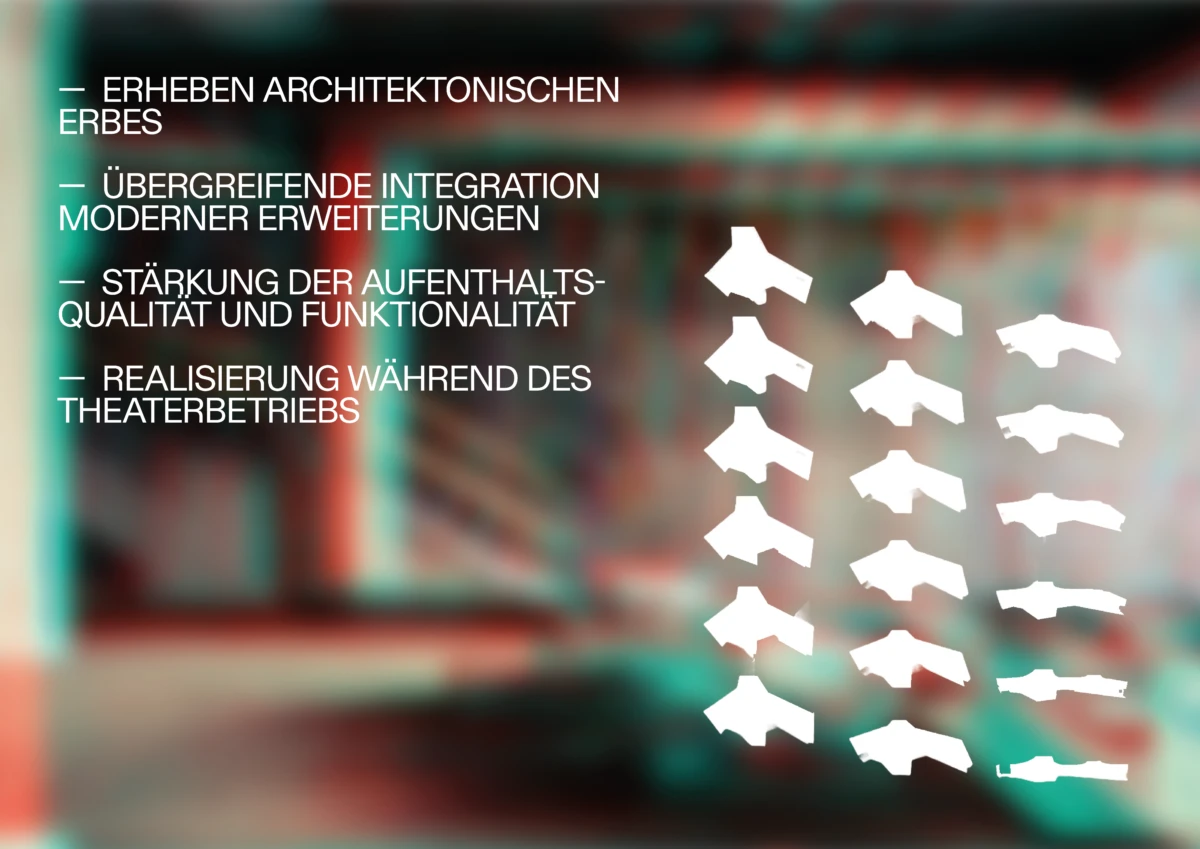 Abstract poster with four German bullet points on the left and a grid of white silhouettes on the right, over a blurred teal-orange background.