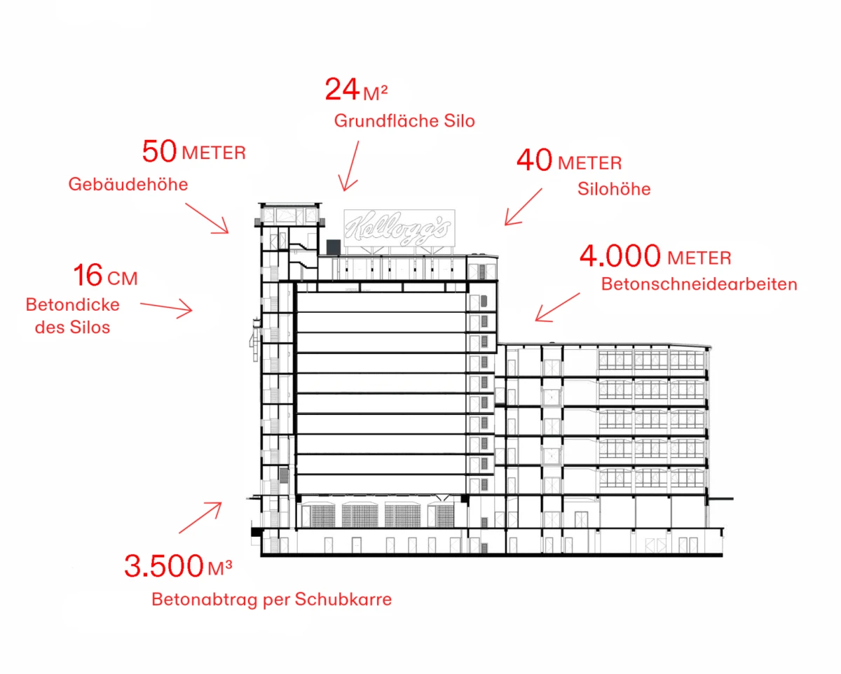 Cross-section of a Kellogg's building with silo, showing 50 m height, 40 m silo height, 24 m² base, 16 cm concrete thickness.