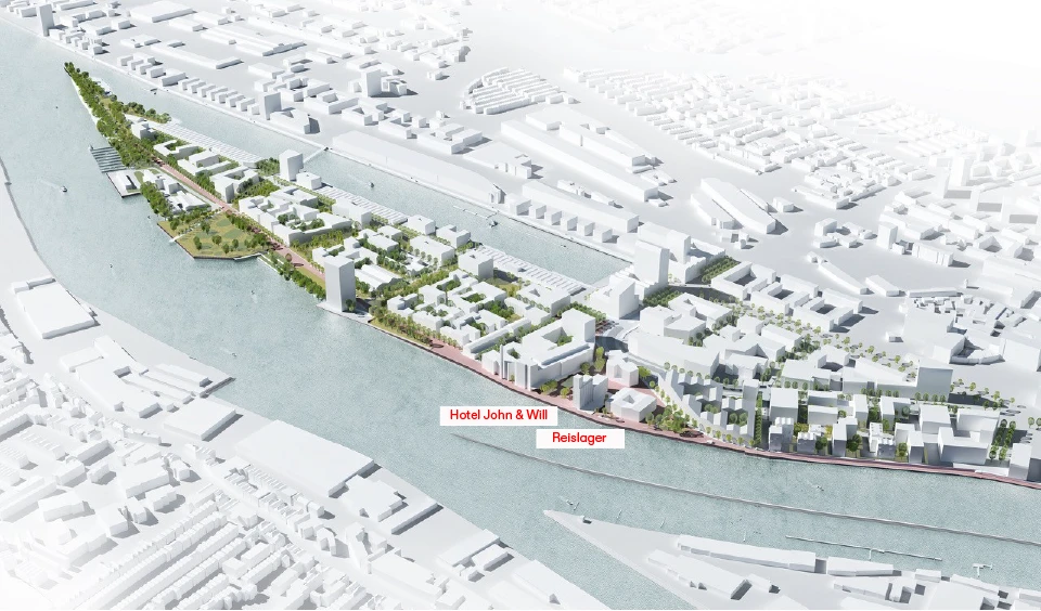 Isometric aerial view of a riverfront urban development with modern buildings and a tree-lined promenade; labels read Hotel John & Will and Reislager.