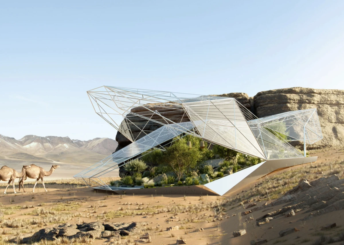 Futuristic glass-and-metal pavilion built into a rock outcrop in a desert, with greenery; camels nearby.