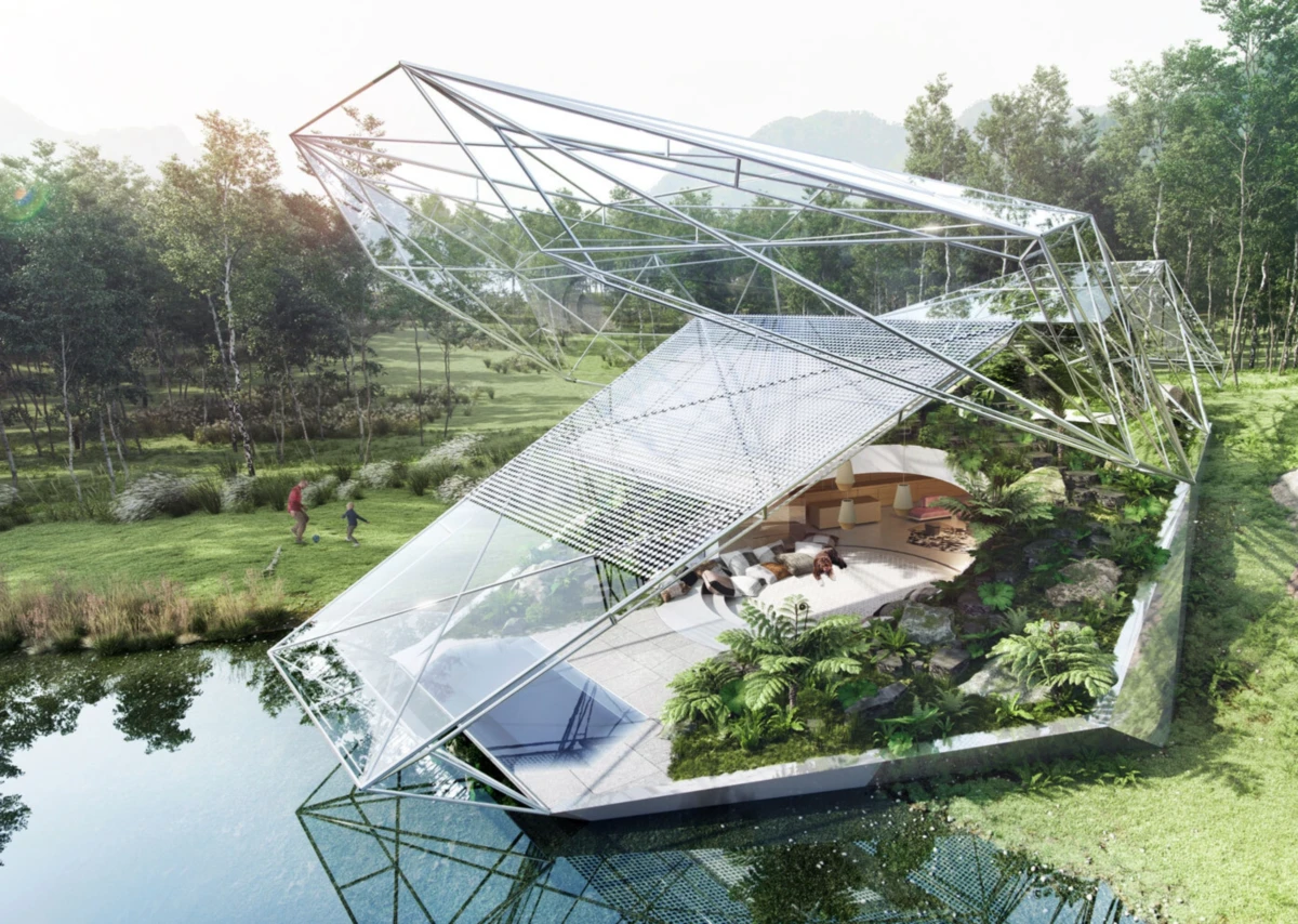 Futuristic glass-and-steel house on a lake, with a triangulated metal-frame roof; surrounding trees and greenery, interior living area visible.
