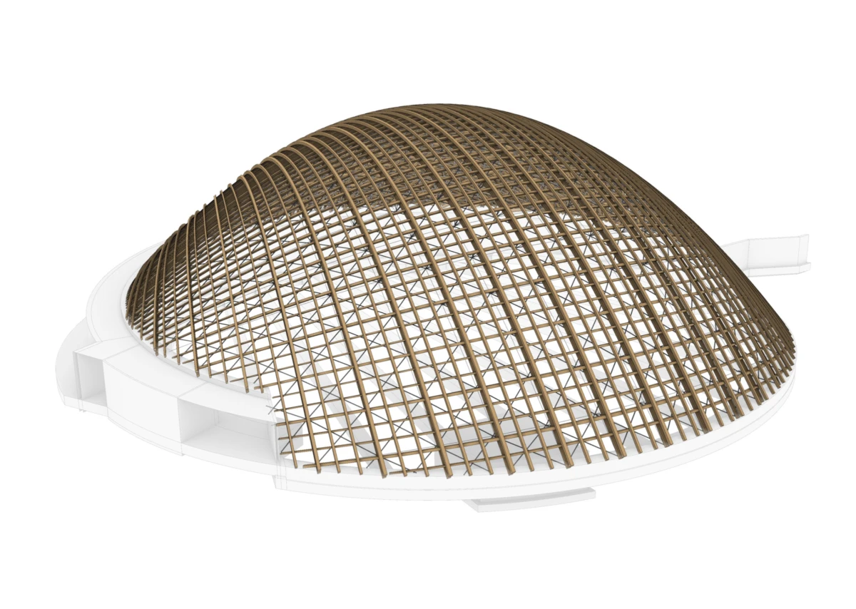 Wooden lattice geodesic dome resting on a white circular base, shown in a low three-quarter view.