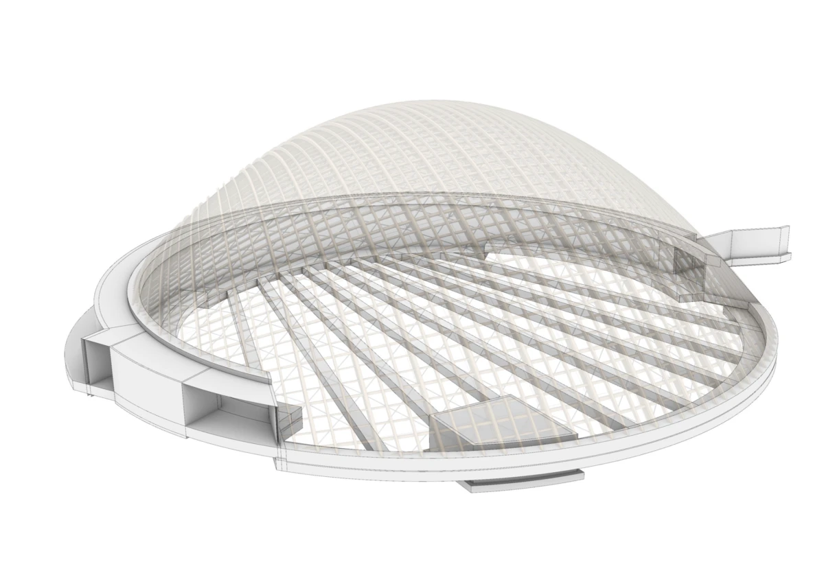 3D rendering of a circular stadium with a geodesic lattice dome over the seating area.