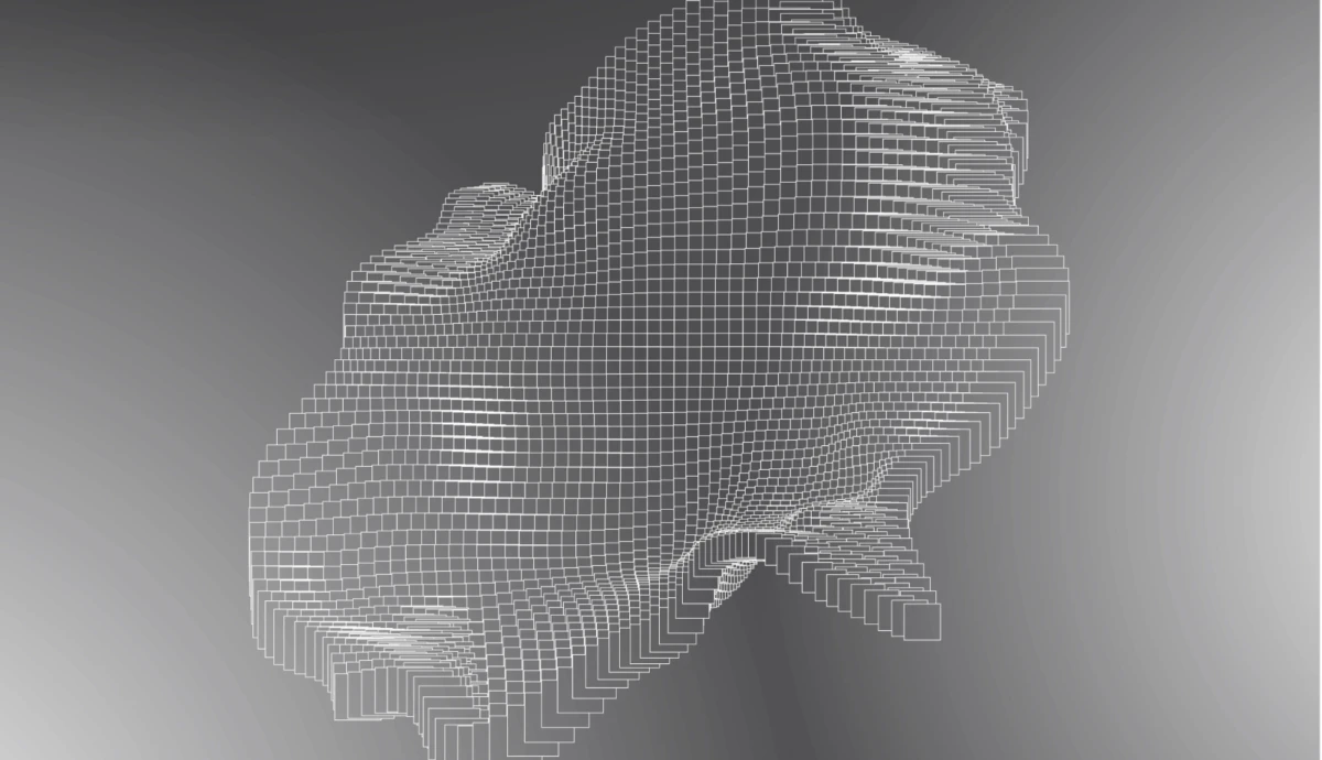 Abstract 3D wireframe grid of square panels forming a twisting curved surface against a gray gradient background.