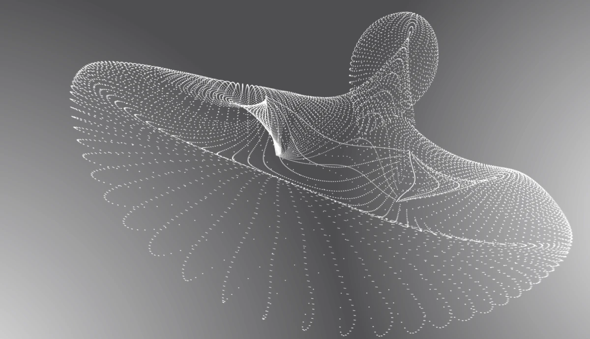 Abstract wireframe dancer with outstretched arms and sweeping dotted skirt against a gray gradient.