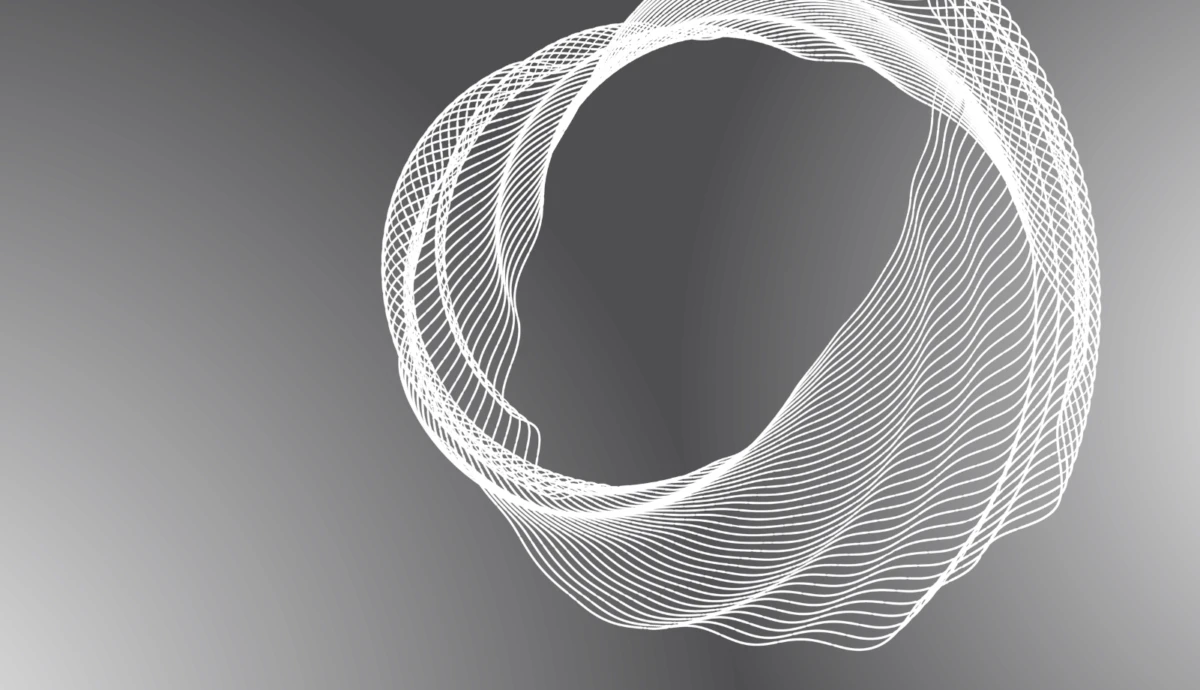 White circular spiral ribbons forming a loop on a gray gradient background.