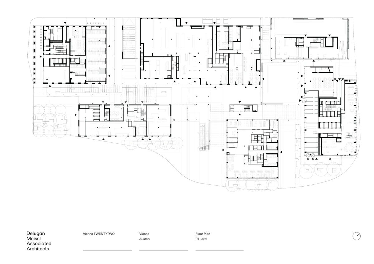 Architectural floor plan of a multi-building complex, illustrating room layouts, corridors, and outdoor spaces on Level 01.
