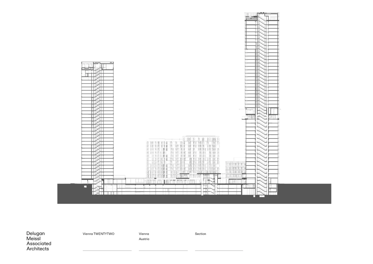 Cross-sectional architectural drawing of a mixed-use complex with two tall towers connected by a central podium.