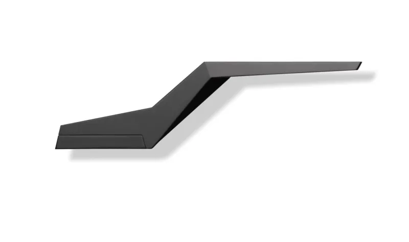 Black metal angular arm-like sculpture with a long flat extension, on white background.
