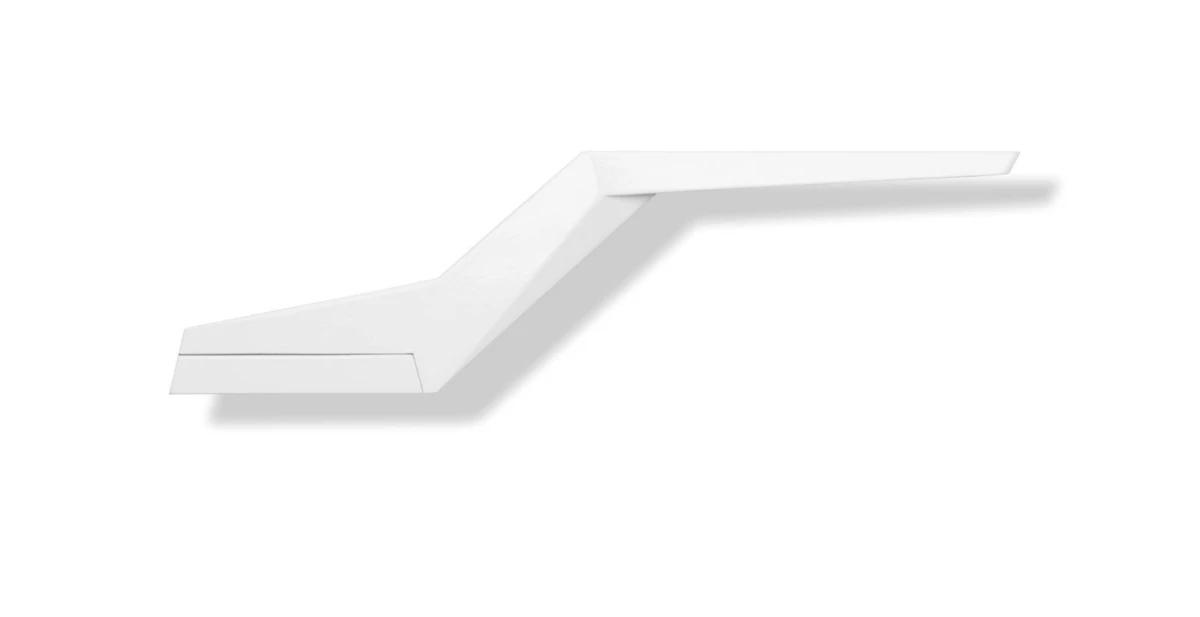 White abstract sculpture with a bent cantilevered beam extending to the right.
