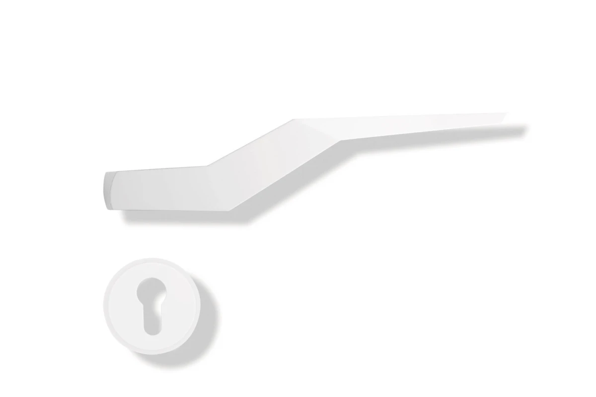 White angular lever door handle with circular keyhole escutcheon, displayed on a white background.