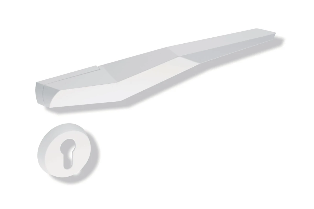 White modern lever door handle with circular keyhole escutcheon, isolated on white background.