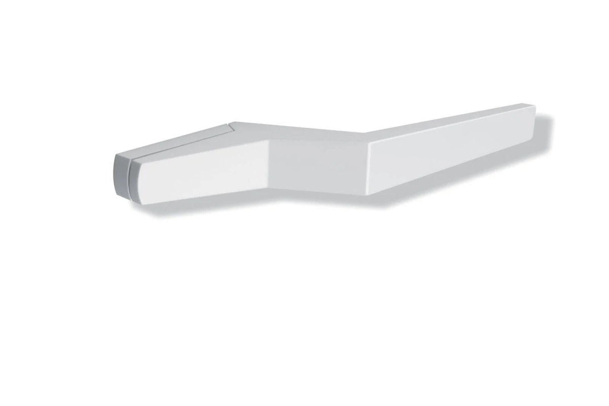 White plastic angled bar with a central elbow and tapered ends