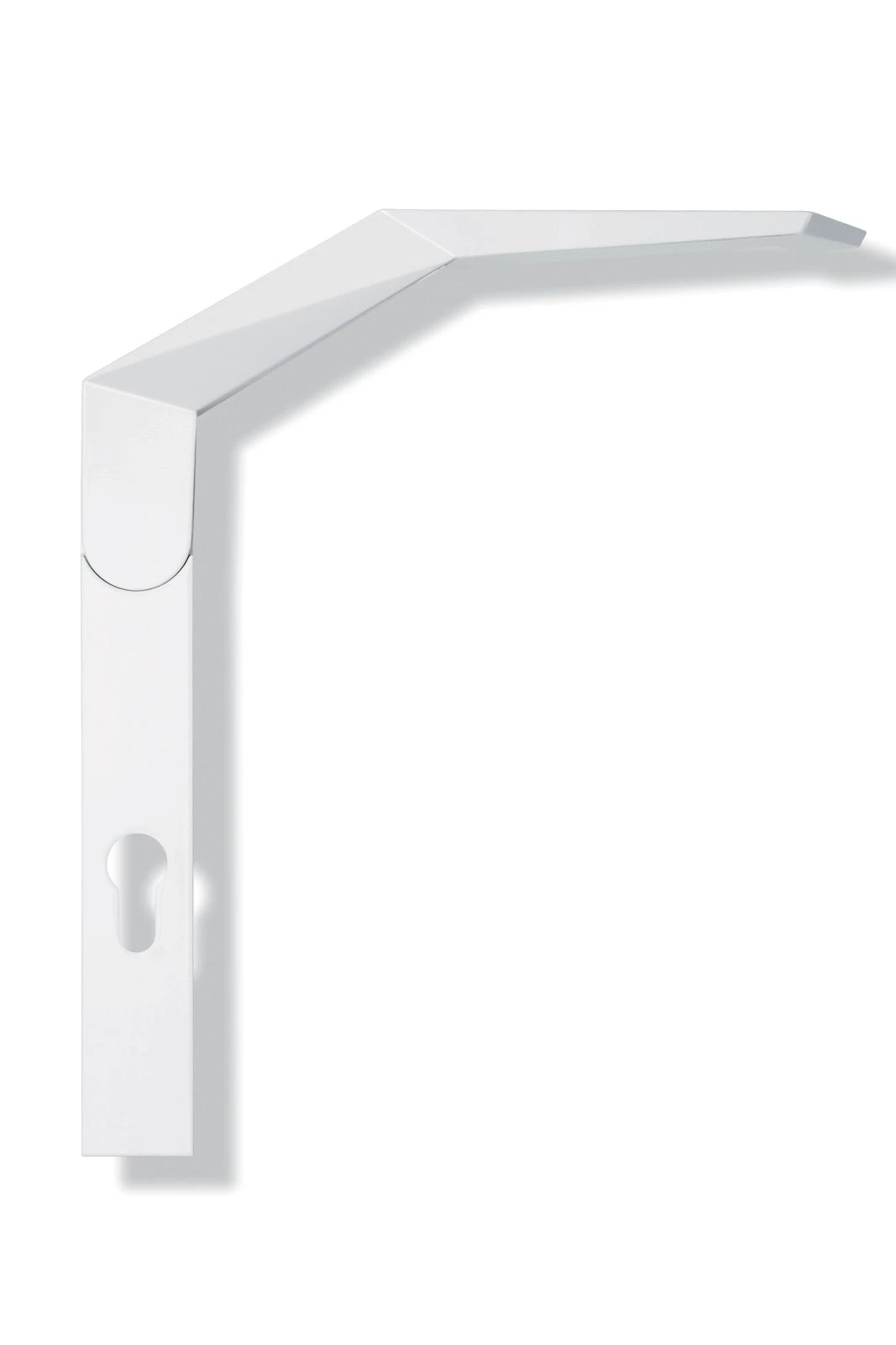 White articulated wall-mounted lamp arm with hinged joints on a white background.