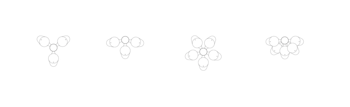 Four light gray circle clusters on white background, each depicting a different arrangement of circles.