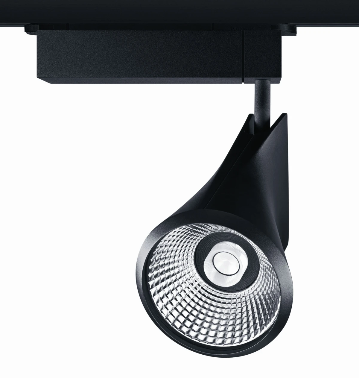 Ceiling-mounted black adjustable track lighting spotlight with textured silver reflector.