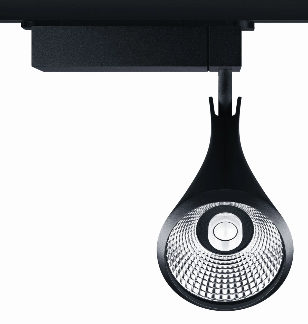Black ceiling-mounted track light head with a circular, faceted reflector.