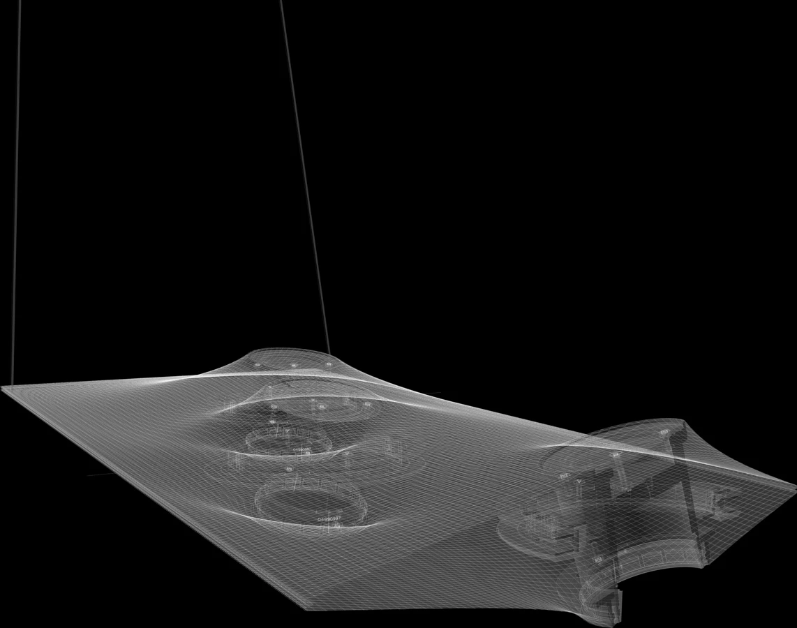 Large translucent curved grid panel suspended by cables above a circular mechanical assembly.