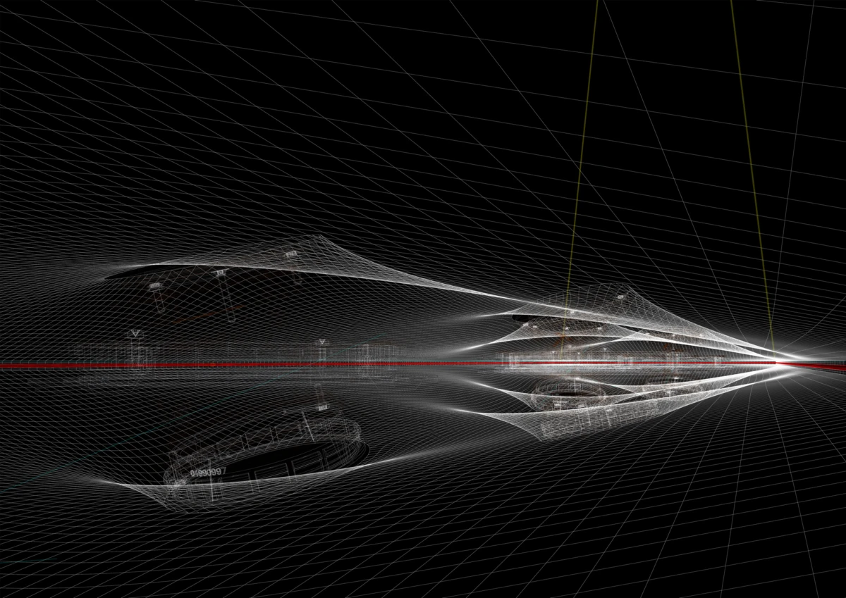 Wireframe cars race through a black, grid-lined tunnel; converging perspective toward a bright vanishing point, crossed by a red line.