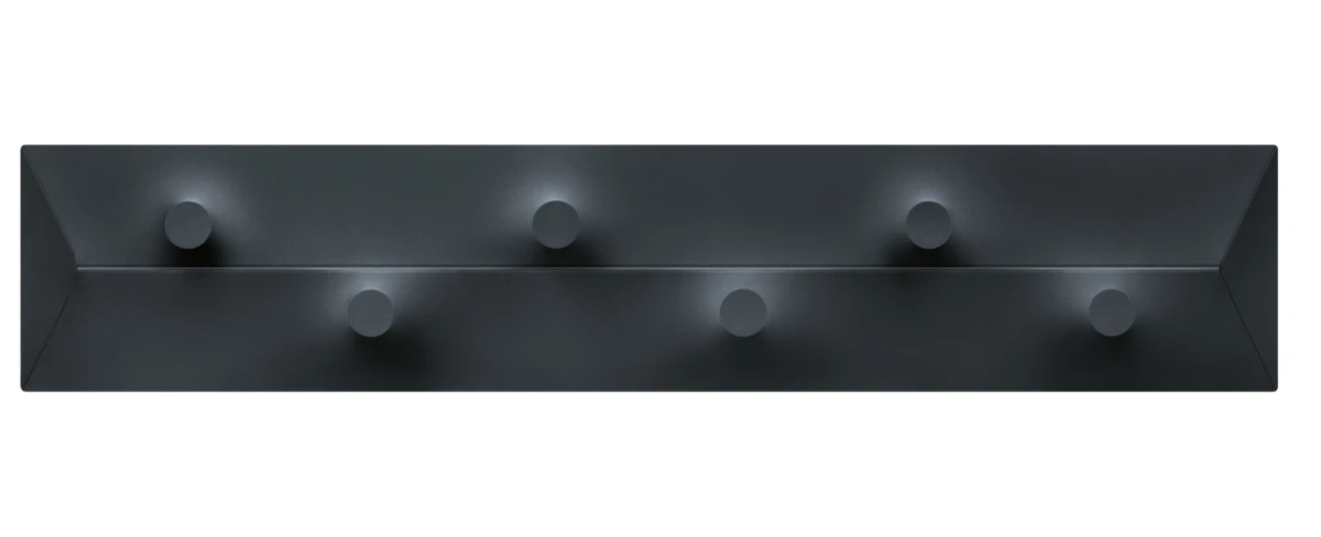 Black metal wall-mounted rack with five circular pegs